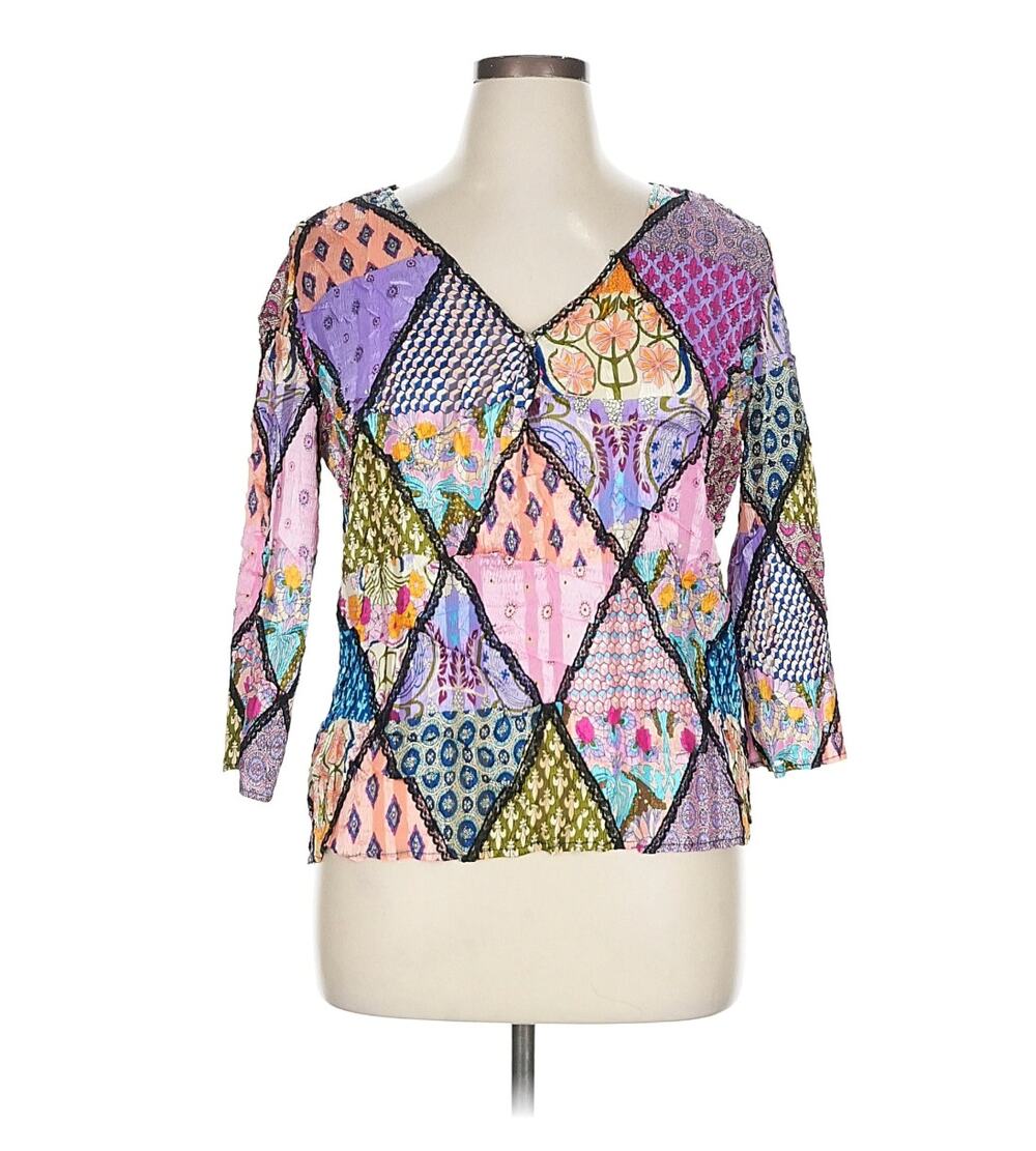 Alberto Makali Women's Multicolor Patchwork Print Crinkle Mesh Blouse - Size XL